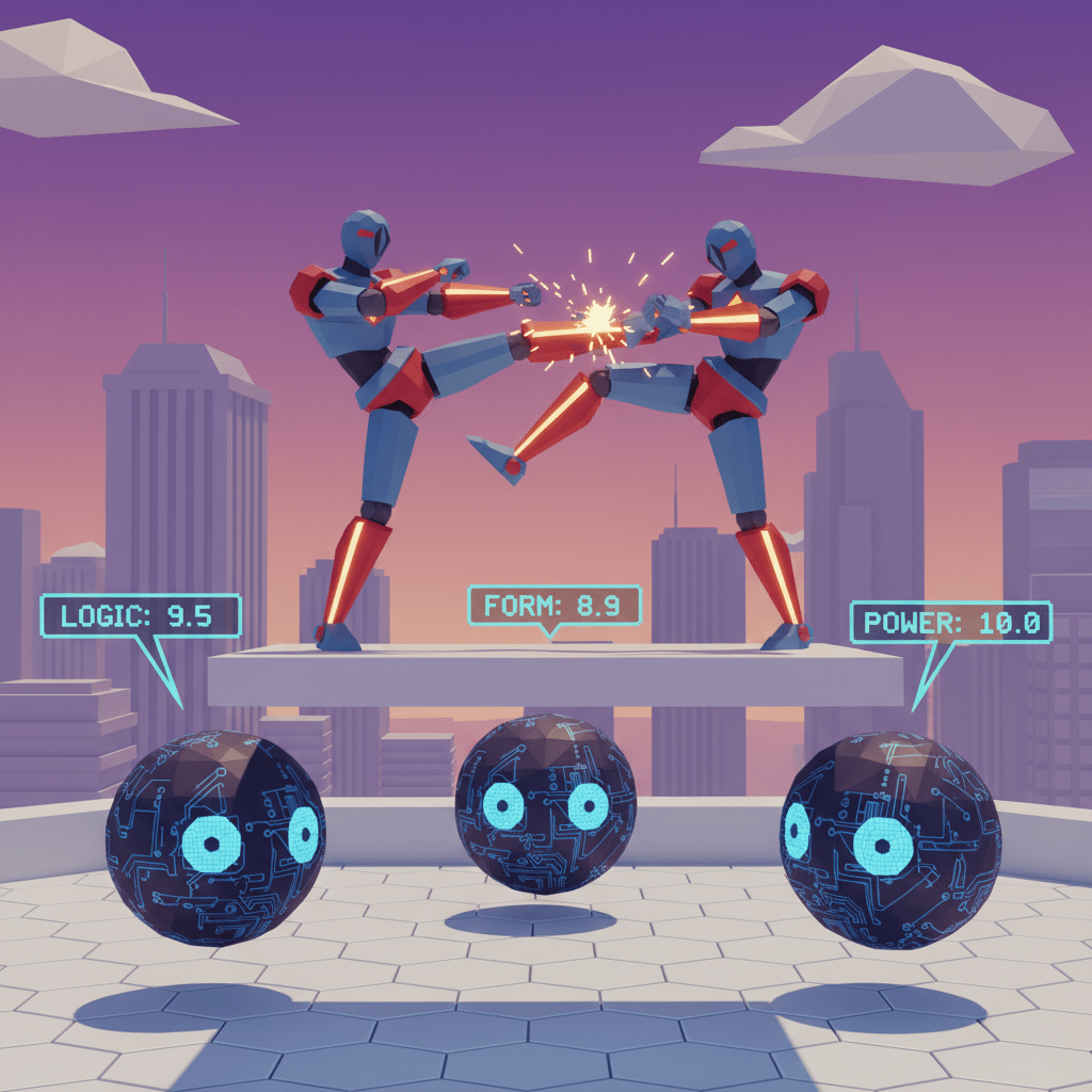 Two robots sparring on a platform while three floating AI orbs display combat scores.