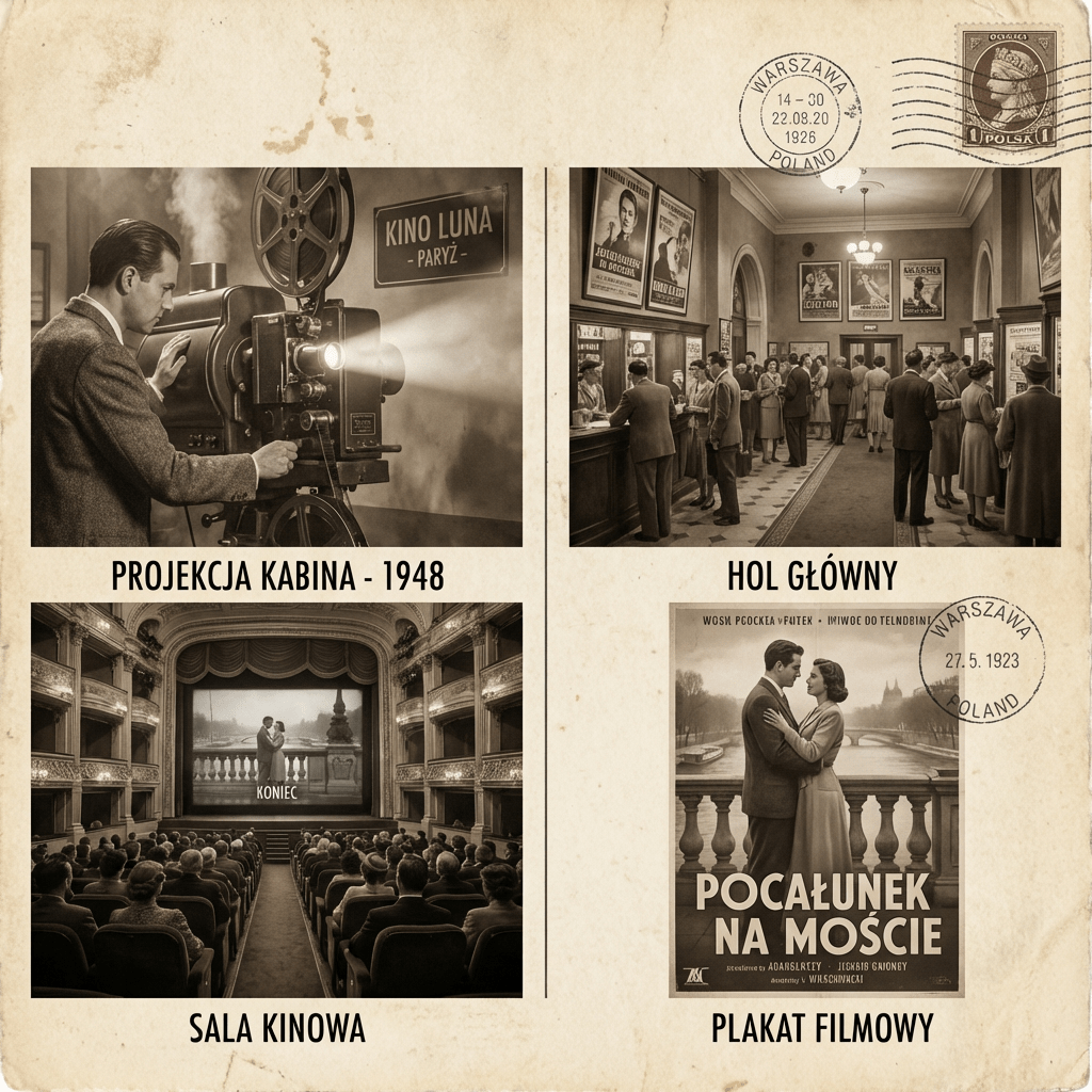 Split image showing a projectionist in 1948 and an audience in a grand theater.