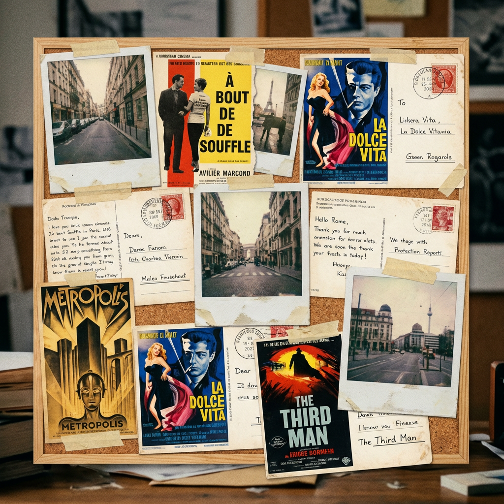 A corkboard displaying vintage movie posters, city photographs, and handwritten postcards with stamps.