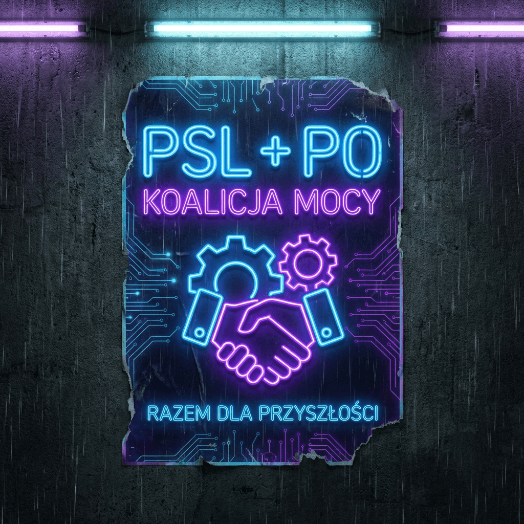 Neon poster reading PSL + PO KOALICJA MOCY RAZEM DLA PRZYSZŁOŚCI with a handshake.