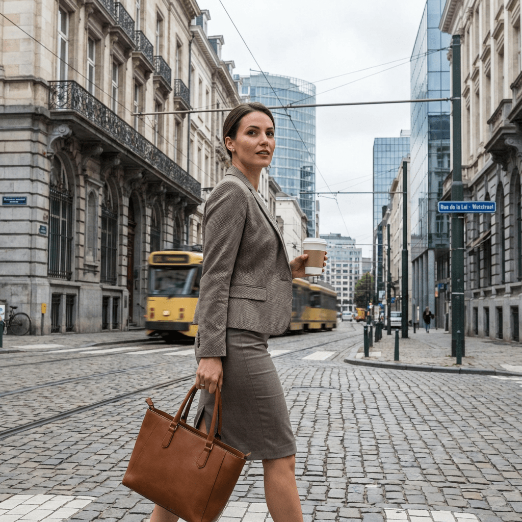 A woman in professional attire walking on a cobblestone street with a coffee and bag