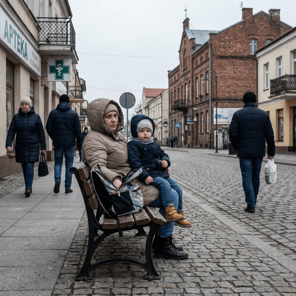 A woman and young child in winter coats sit together on a wooden street bench.