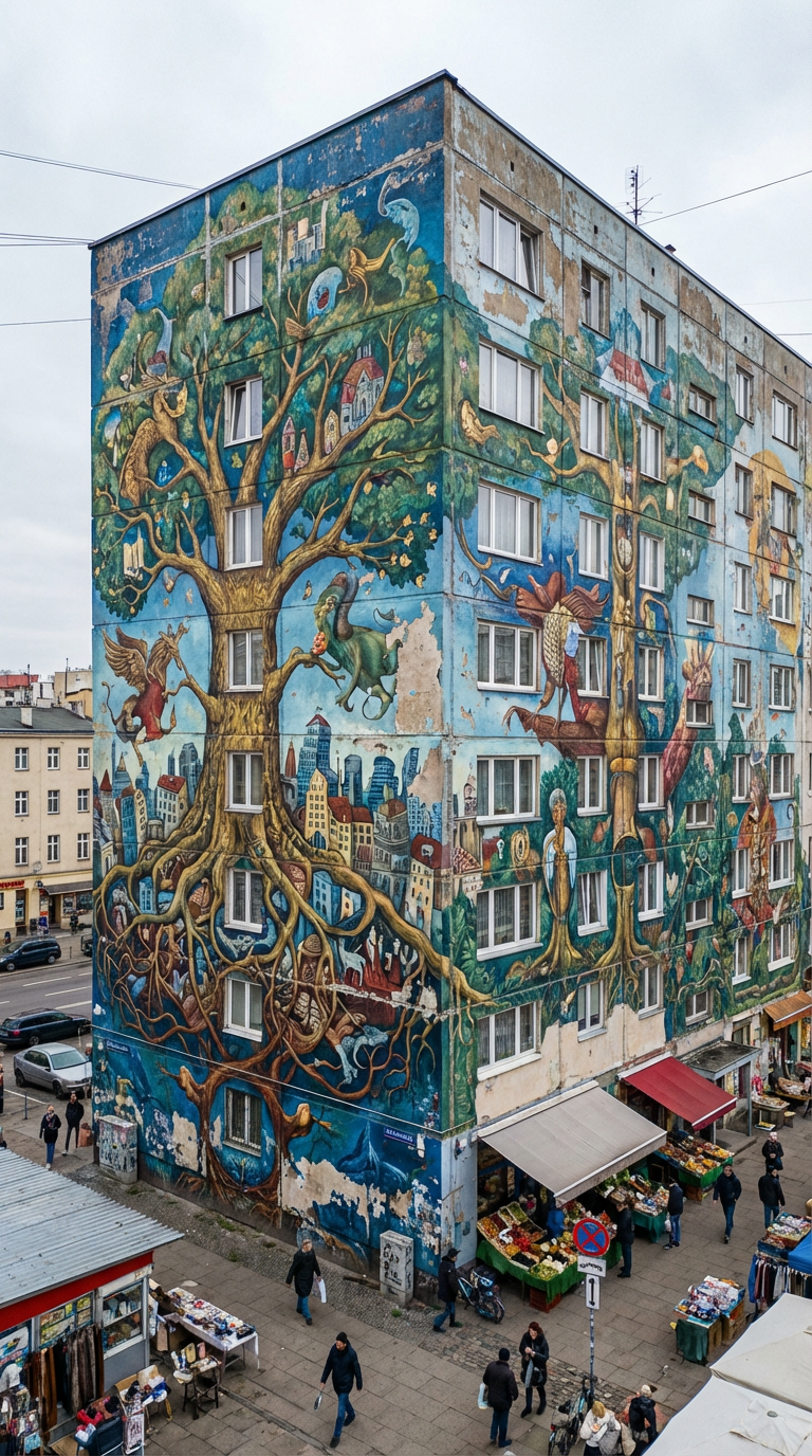 Large mural of a fantastical tree and creatures on the facade of a tall apartment building.