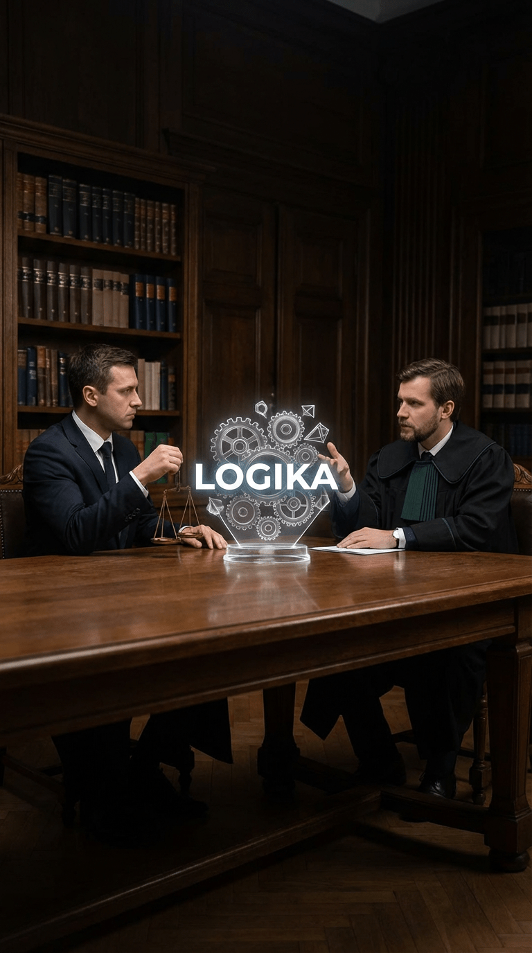 Two men at a table with a gears hologram displaying the text LOGIKA.