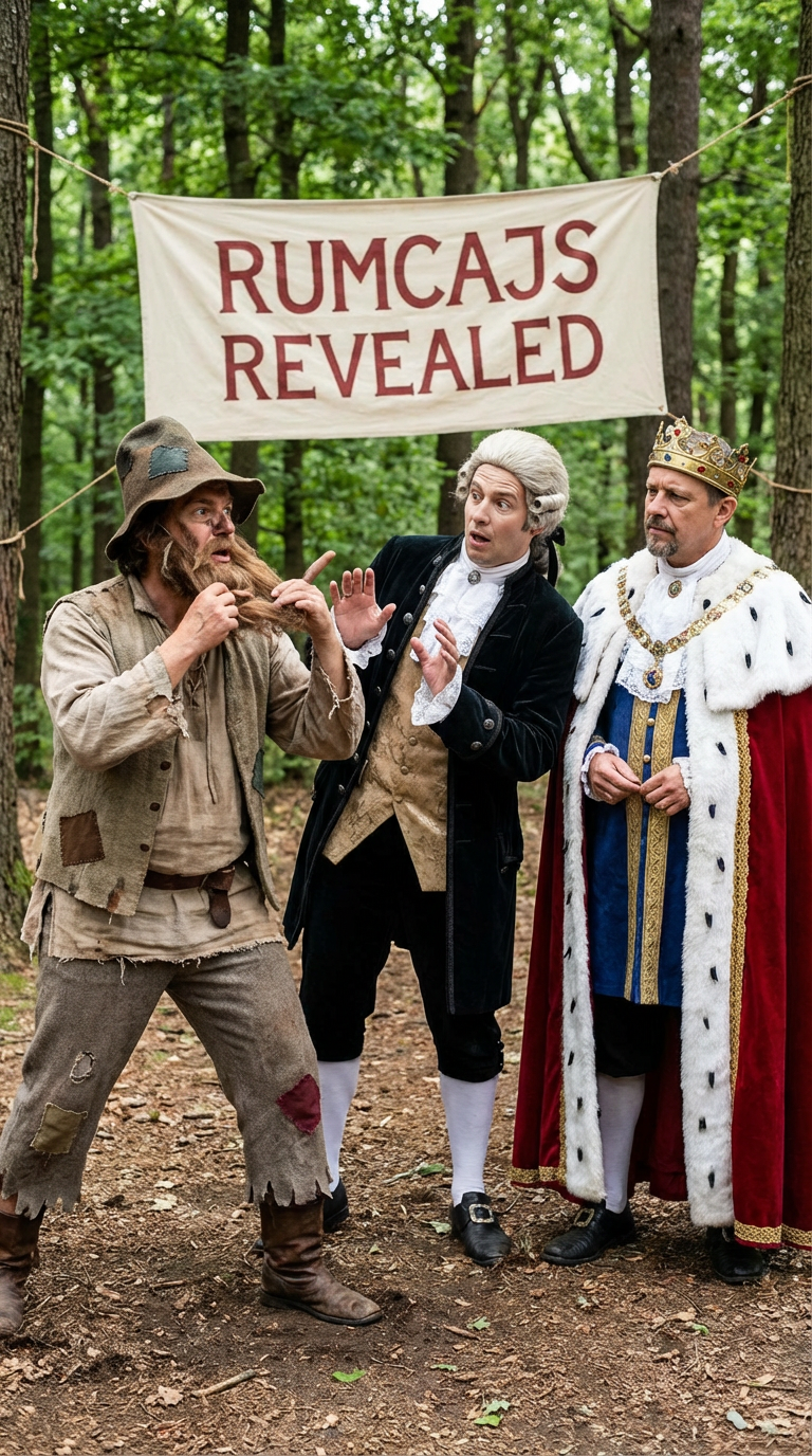 Actors portray Rumcajs, a courtier, and a king under a banner reading "RUMCAJS REVEALED".