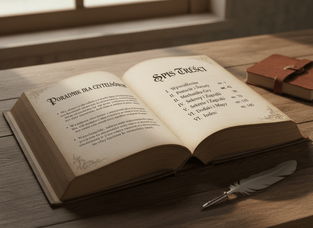 Open book with Polish text PORADNIK DLA CZYTELNÓW and SPIS TREŚCI listing chapters I through VI.