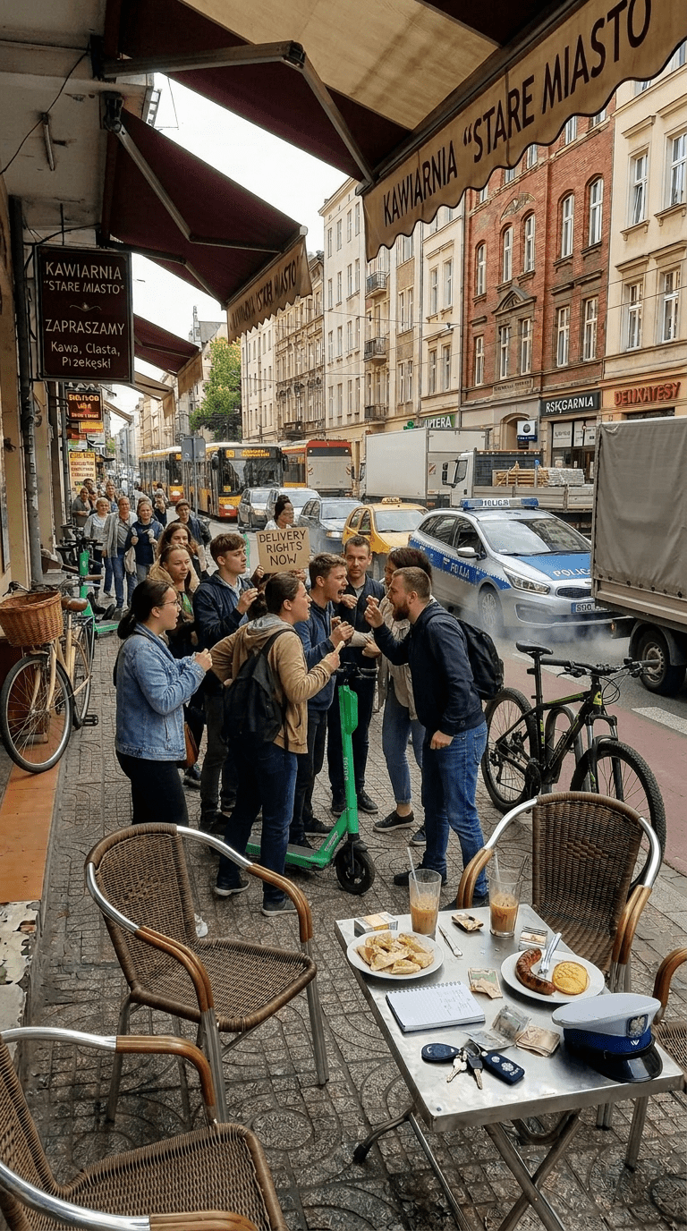 Two Vietnamese police officers sitting on red chairs at a small metal table with drinks and money, busy street with motorbikes and vendors in the background