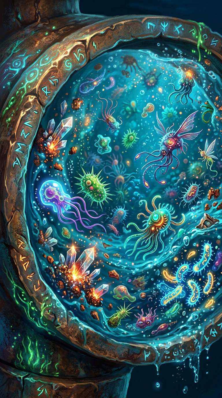 Colorful microscopic aquatic creatures and glowing crystals within a mystical circular frame with runes