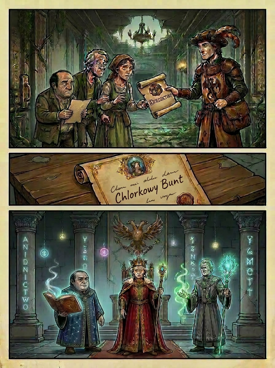 Three disheveled people in an alley read a letter delivered by a mailman, showing surprise and happiness.