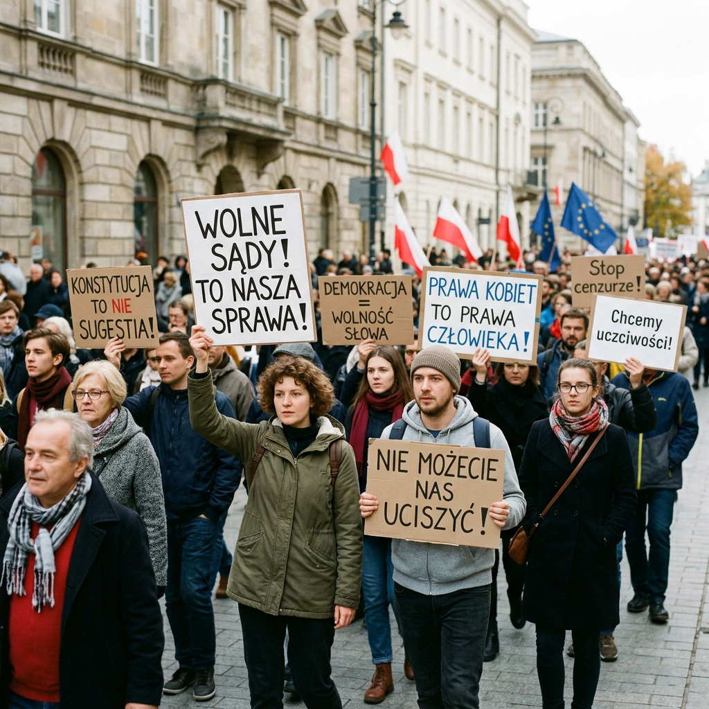 Protesters holding signs with Polish text