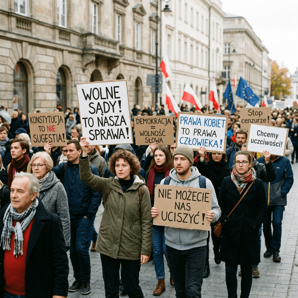 Protesters holding signs with Polish text
