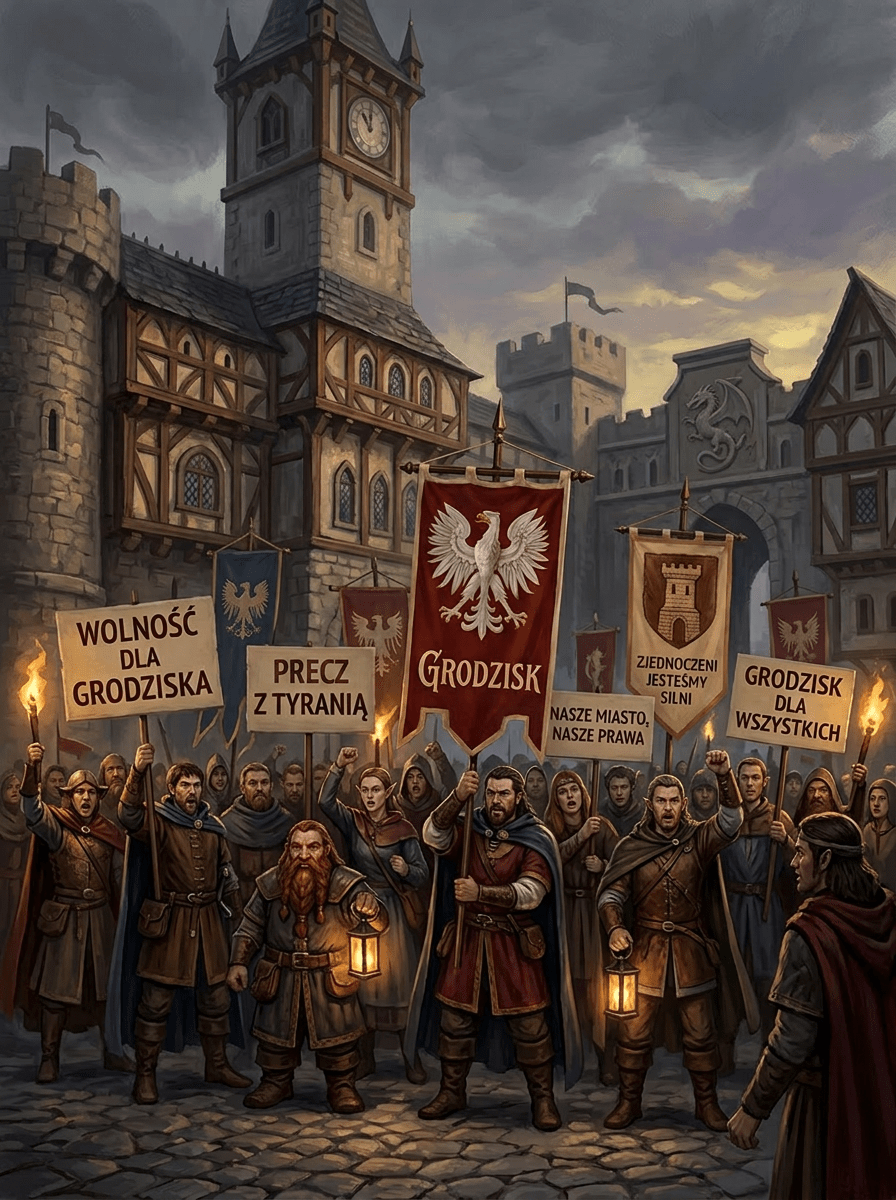Medieval crowd holding banners and torches protesting for freedom and rights in Grodzisk
