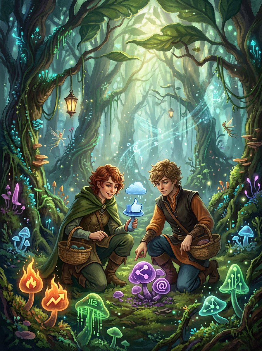 Two young travelers kneeling in a magical forest with glowing digital symbol mushrooms and floating icons