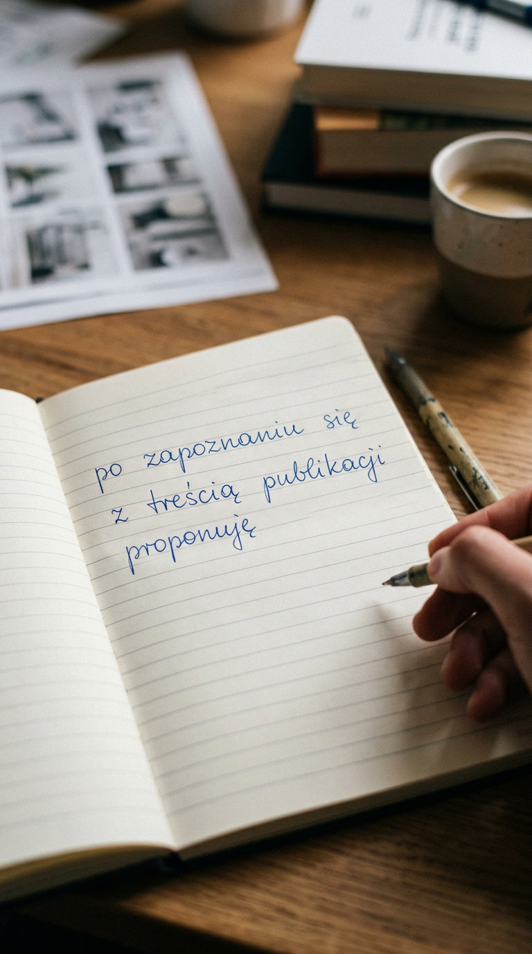 Hand holding a pen writing Polish text in a lined notebook