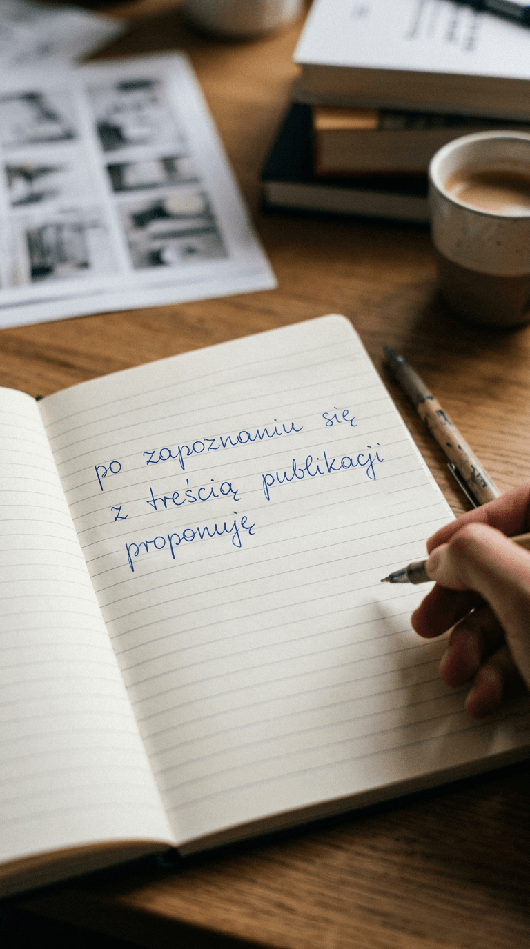 Hand holding a pen writing Polish text in a lined notebook
