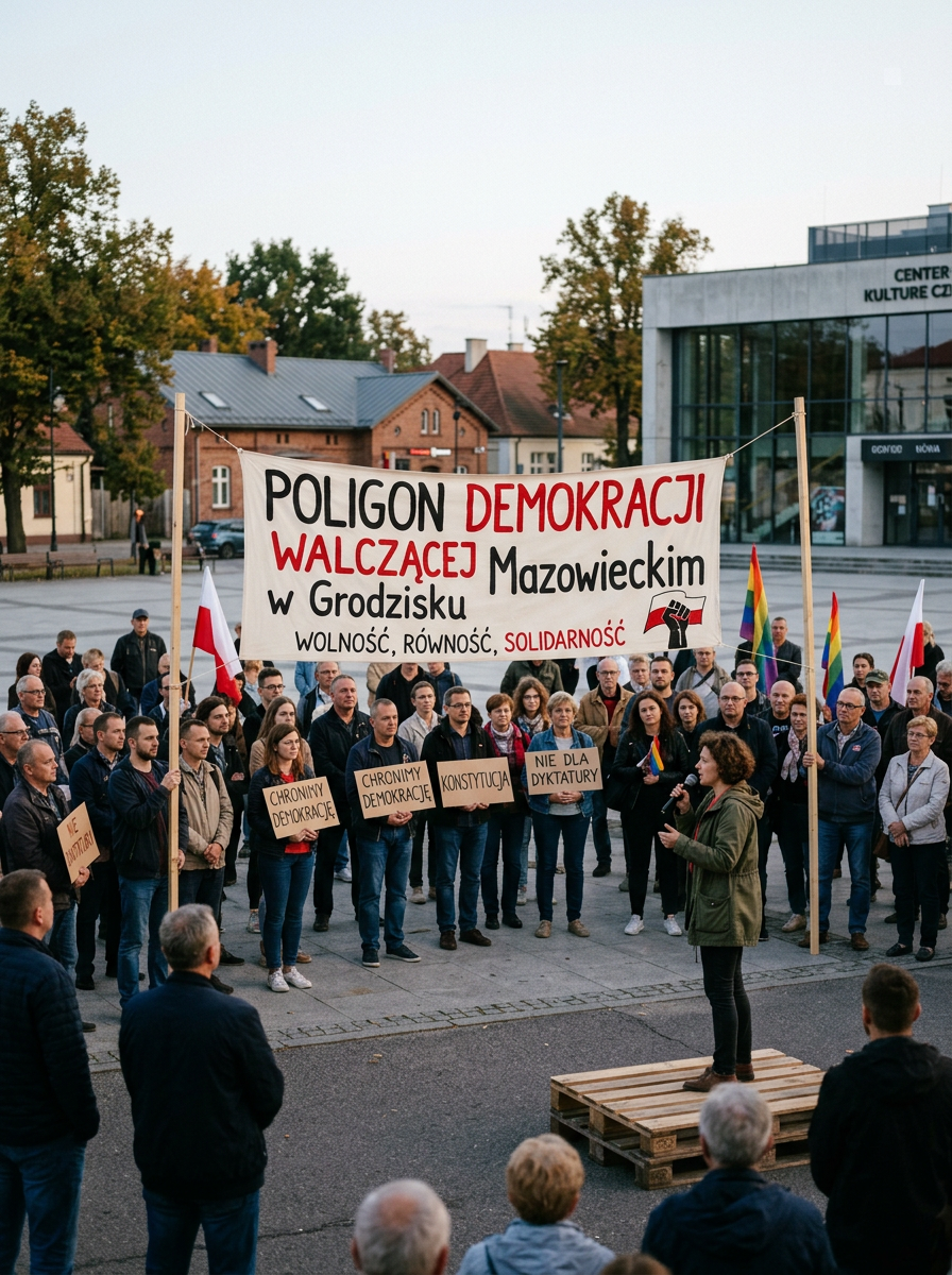 Group of people holding banners and signs supporting democracy and opposing dictatorship in Grodzisk Mazowiecki