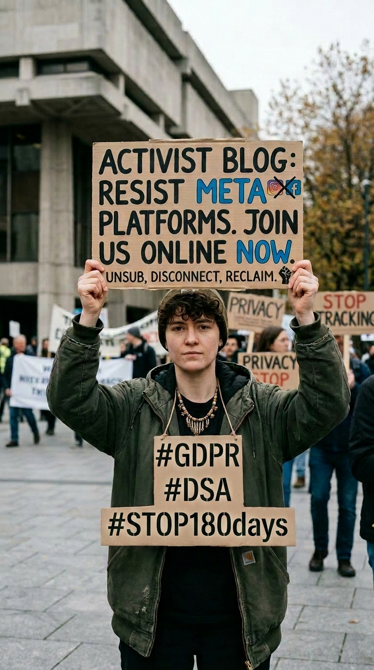 Protester holding cardboard signs advocating to resist Meta platforms and join activist blog online