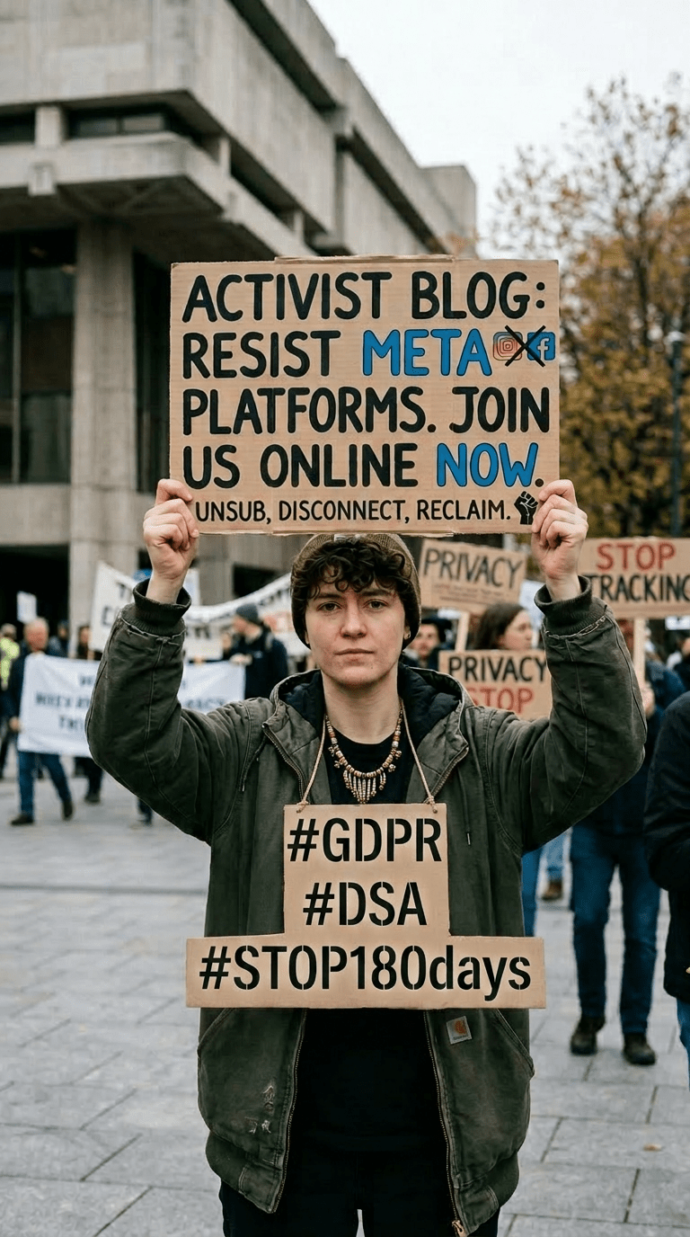 Protester holding cardboard signs advocating to resist Meta platforms and join activist blog online