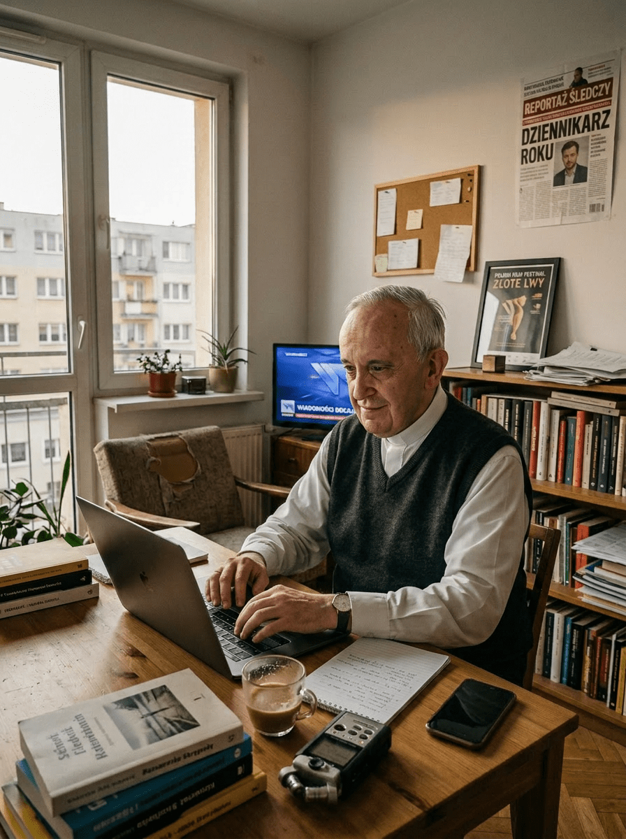 Man typing on laptop at wooden table with books, coffee, and recorder