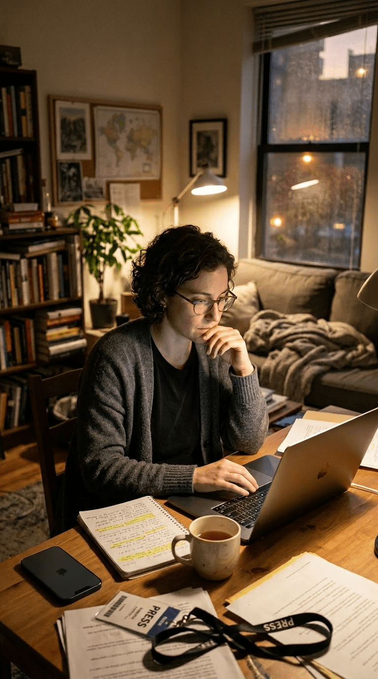 Person working on laptop at a wooden table with notes and press badge