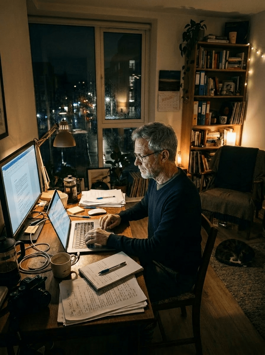 Person typing on a laptop at a desk with papers and a large monitor at night