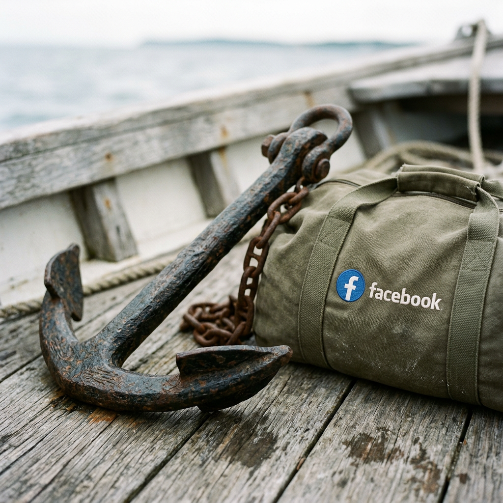 Rusty iron anchor and chain beside green duffel bag with Facebook logo on wooden boat deck