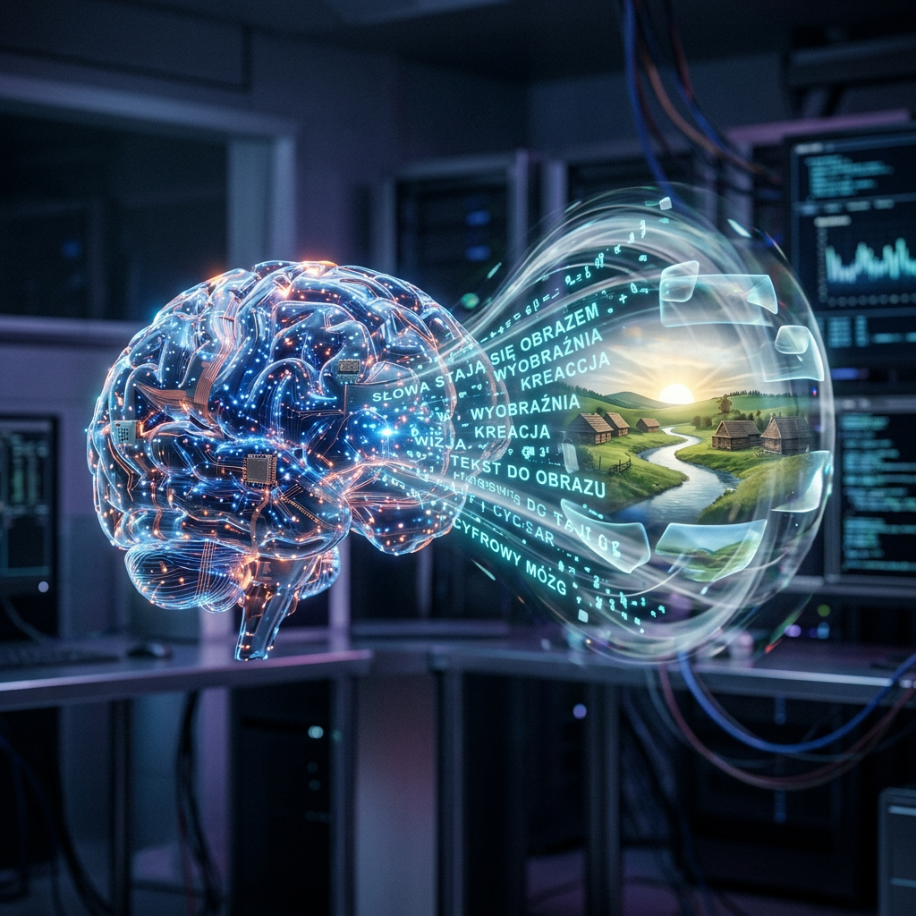 Digital brain emitting holographic text and scenic imagery of a village and river