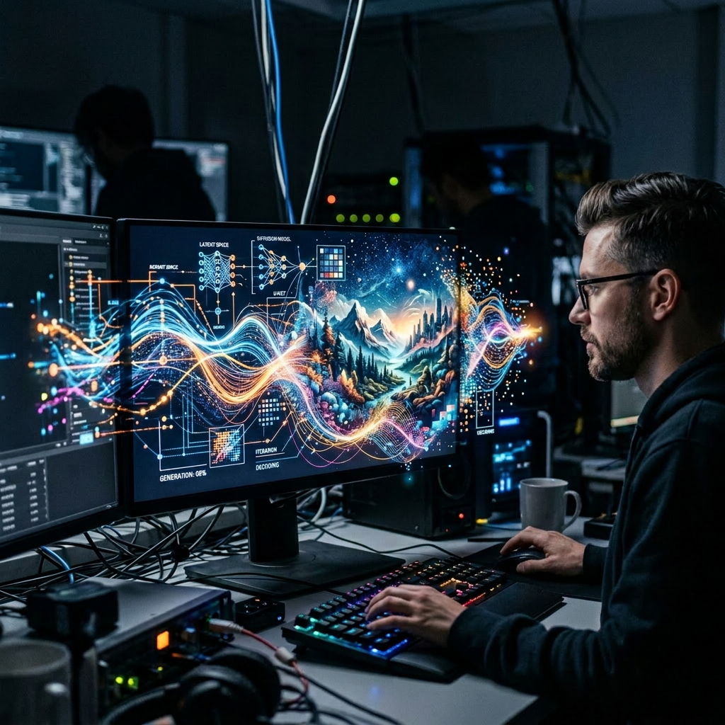 Woman using computer with AI neural network visualization and digital landscape on screen