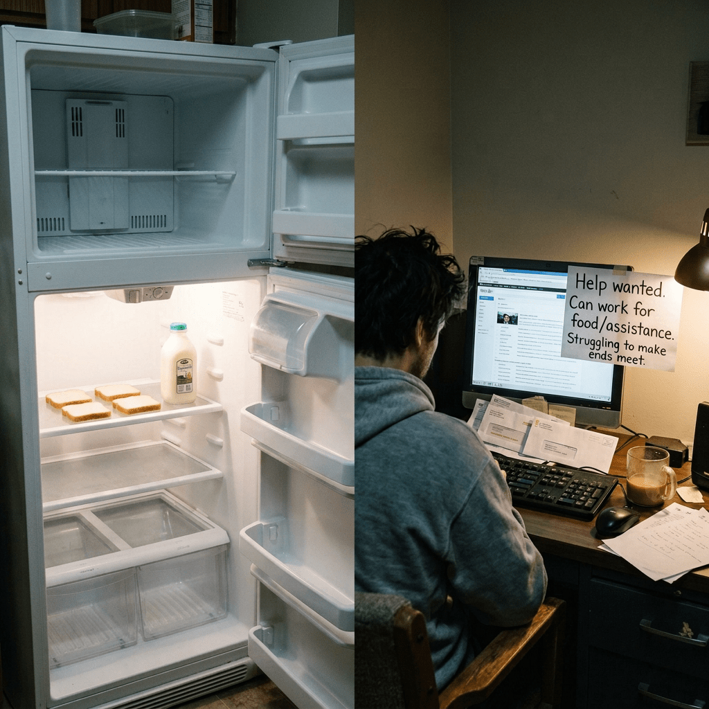 Open nearly empty refrigerator with help note and person searching for jobs at computer with help wanted sign