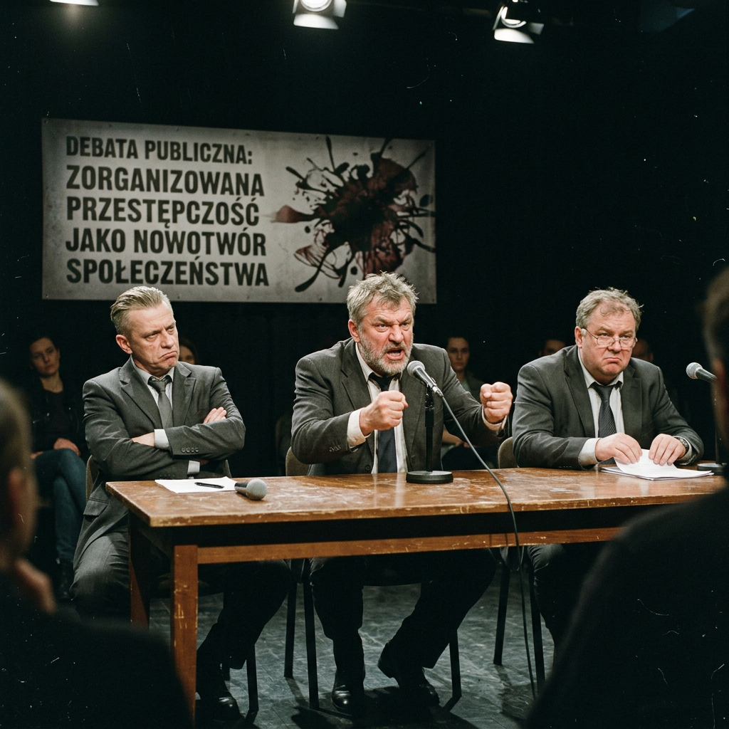 Three men in suits at a debate table discussing organized crime with intense expressions