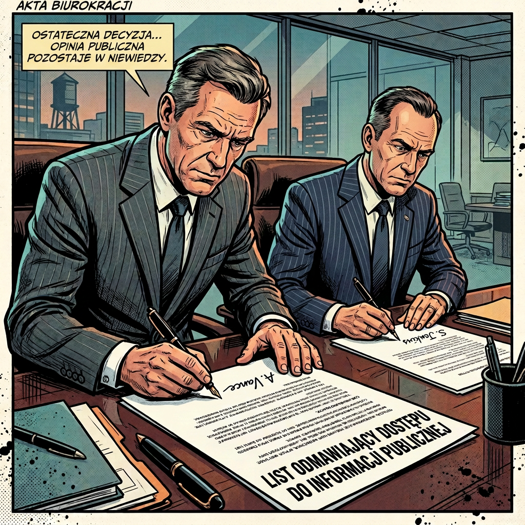 Two officials signing a public information refusal letter in an office setting
