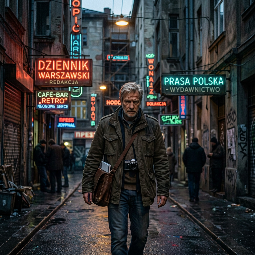 Man walking on wet urban street carrying camera and notebook