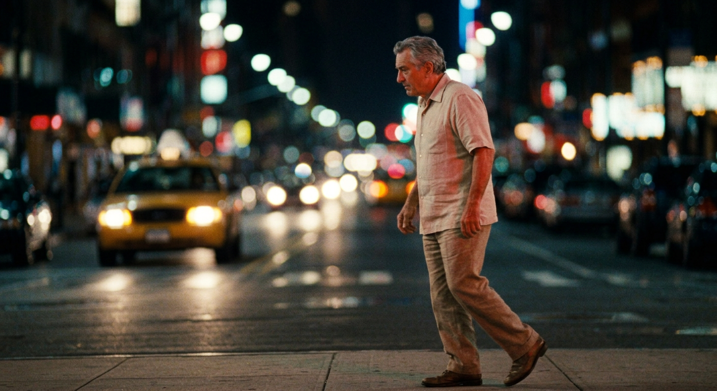 Remove cane and coat, summer sidewalk scene