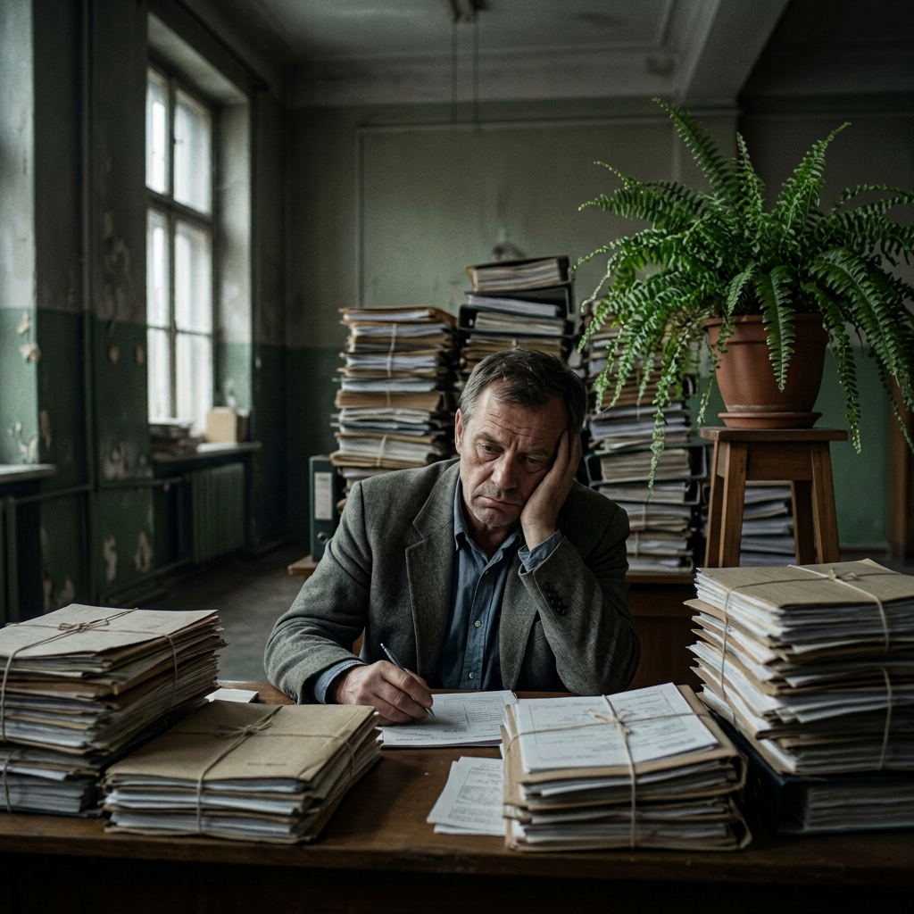 Man sitting at desk looking tired with stacks of tied documents around him