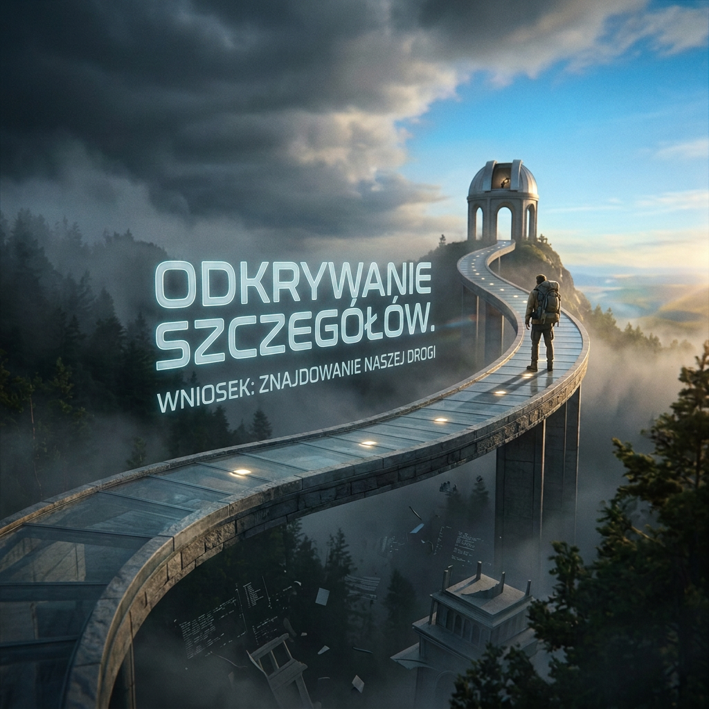Traveler walking on a curved elevated pathway towards a domed observatory over a misty forest