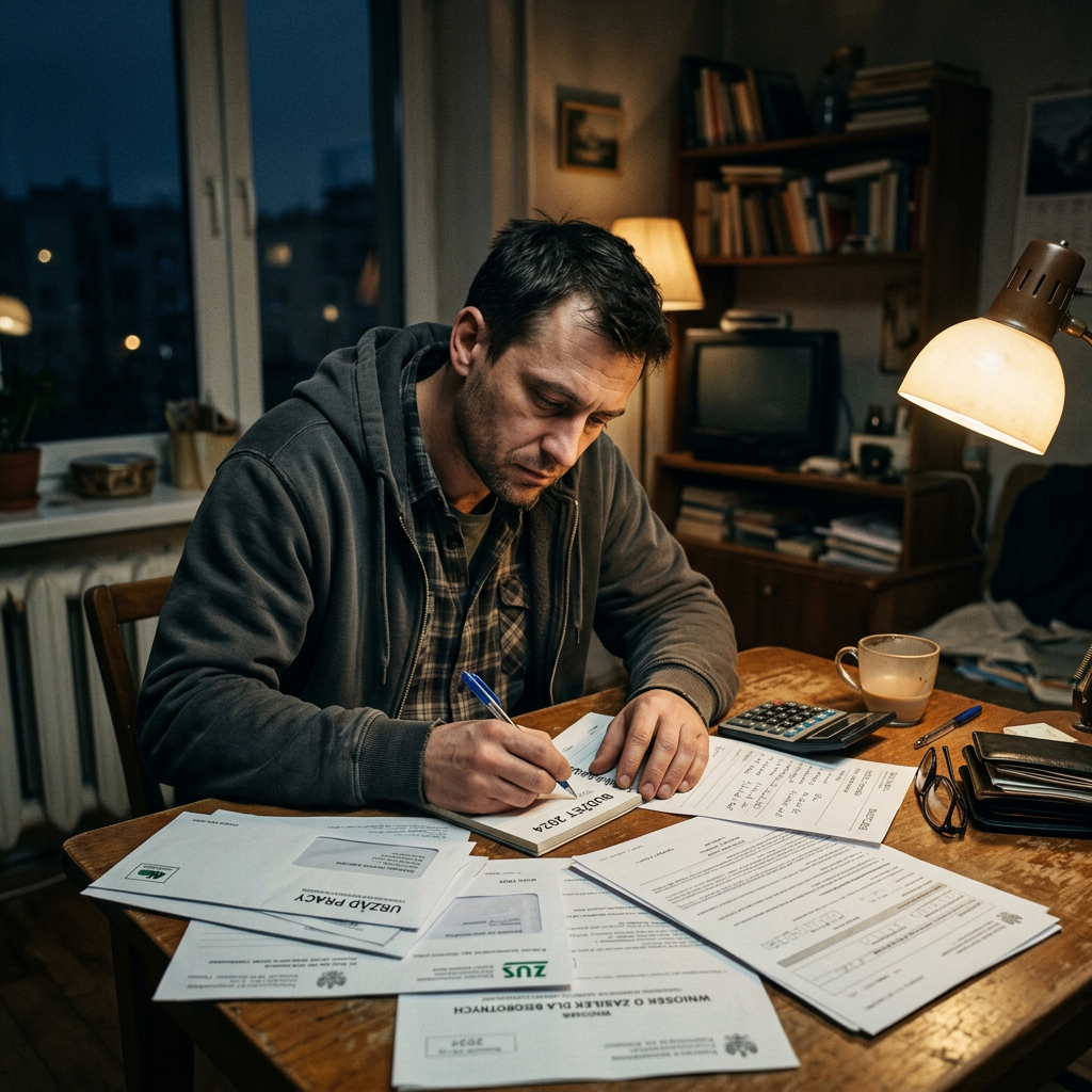 Man writing budget planning notes surrounded by bills and documents at a wooden table