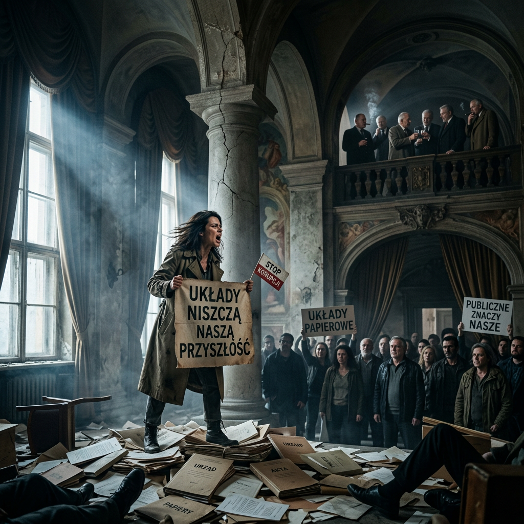 Protester holds signs reading “UKŁADY NISZCZĄ NASZĄ PRZYSZŁOŚĆ” and “STOP KORUPCJI” before a crowd holding “UKŁADY PAPIEROWE” and “PUBLICZNE ZNACZY NASZE.”